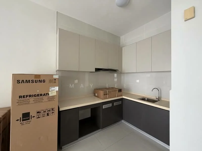 Kitchen features: light grey upper cabinets, dark grey lower cabinets, laminate countertop, single-bowl stainless-steel sink, chrome pull-down faucet, built-in oven, stainless-steel range hood, ceramic tile flooring, wall-mounted light fixture, boxes in the corner; style: modern.