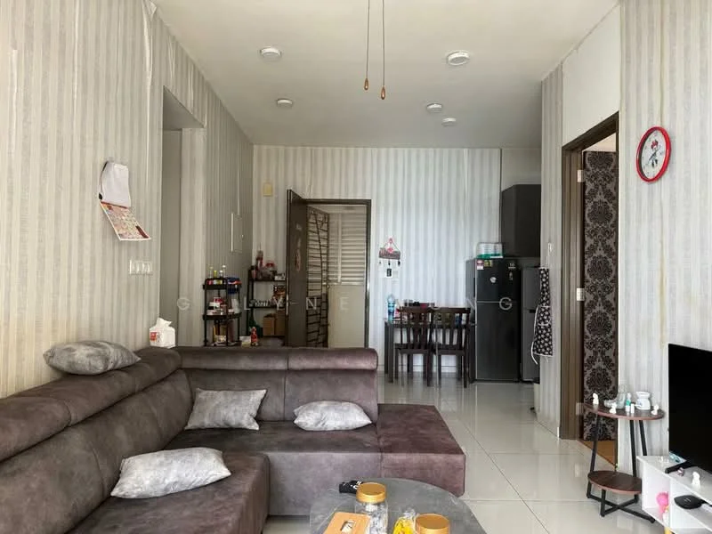 Living features: L-shape sectional sofa in grey, white painted walls with vertical stripes, tile flooring, recessed downlights, wall-mounted TV, coffee table, dining table with chairs, black fridge, clock on wall, decorative wall clock, open doorway to adjacent room; style: modern.