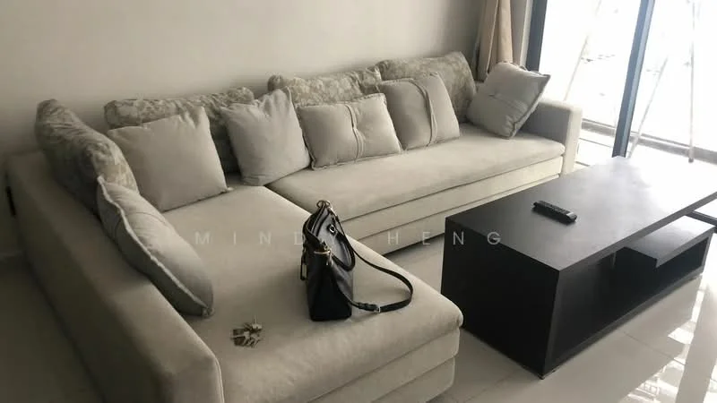 Living features: L-shape sectional sofa in light grey fabric, coffee table in dark wood, floor-to-ceiling windows, sheer curtains, white tiled flooring, decorative cushions, remote control on coffee table, handbag on sofa; style: modern.