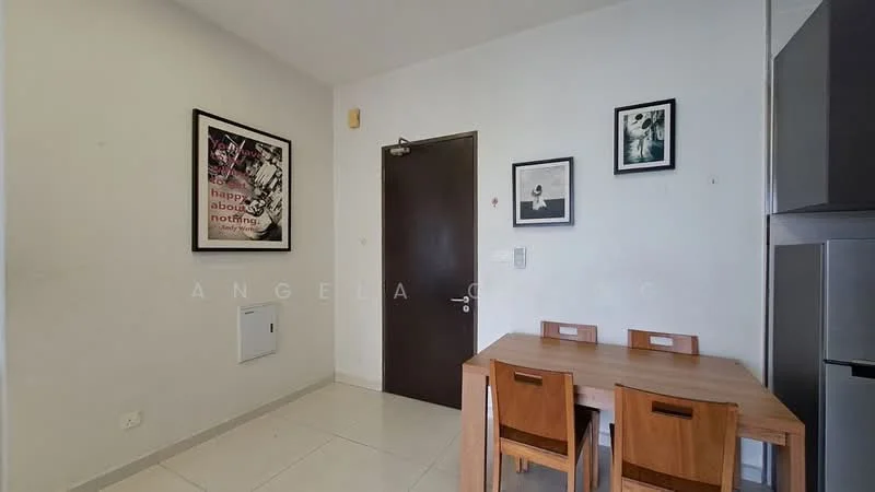 Dining features: wood dining table with four chairs, white walls, tile flooring, framed artwork on walls, door leading to hallway, wall-mounted intercom, light switch, minimalist decor; style: modern.