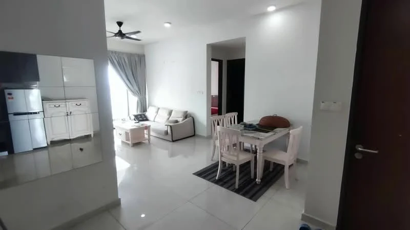 Living features: 3-seater fabric sofa in white, coffee table, dining table for 4 with white chairs, grey area rug, floor-to-ceiling windows with sheer curtains, ceiling fan, recessed downlights, white painted walls, glossy tile flooring; style: modern. Room features: kitchen cabinetry with white finish, stainless-steel fridge, open layout.