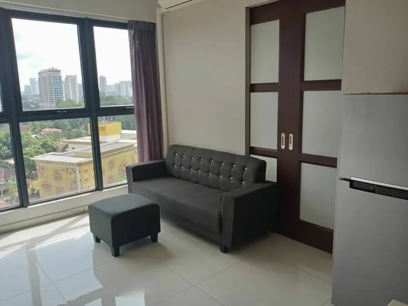 Living features: 3-seater fabric sofa in grey, ottoman in grey, floor-to-ceiling windows, curtains in purple, glossy tile flooring, refrigerator in silver, neutral wall colour, built-in wardrobe with wooden doors; style: modern; view: city.