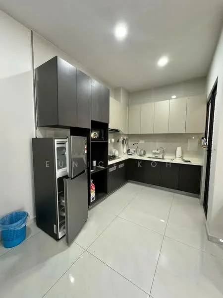 Kitchen features: grey cabinetry, white upper cabinets, marble countertop, stainless-steel sink, chrome pull-down faucet, built-in oven, freestanding fridge, microwave, ceramic tile flooring, recessed LED downlights, wall-mounted kitchen appliances, open shelving, waste bin, kettle; style: modern.