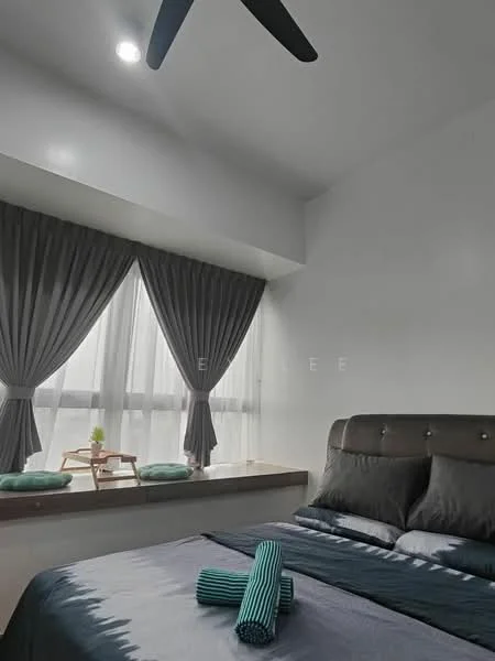 Bedroom features: king-size bed, upholstered headboard, grey bedding, 2 teal towels, 2 teal cushions, floor-to-ceiling windows, sheer curtains, blackout curtains, ceiling fan with 3 blades, recessed downlights, wooden window sill, decorative plant on window sill, wall-mounted artwork, light grey walls, laminate flooring; style: modern; view: city.
