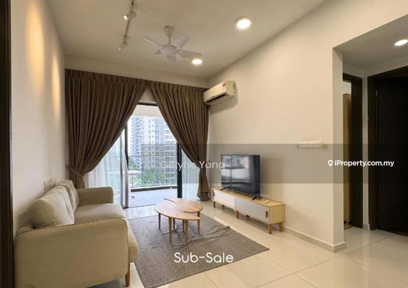 Living features: 3-seater fabric sofa in beige, coffee table, wall-mounted TV, floor-to-ceiling windows, sliding glass door, curtains, ceiling fan, recessed downlights, light-colored wall, tile flooring; style: modern; view: city.