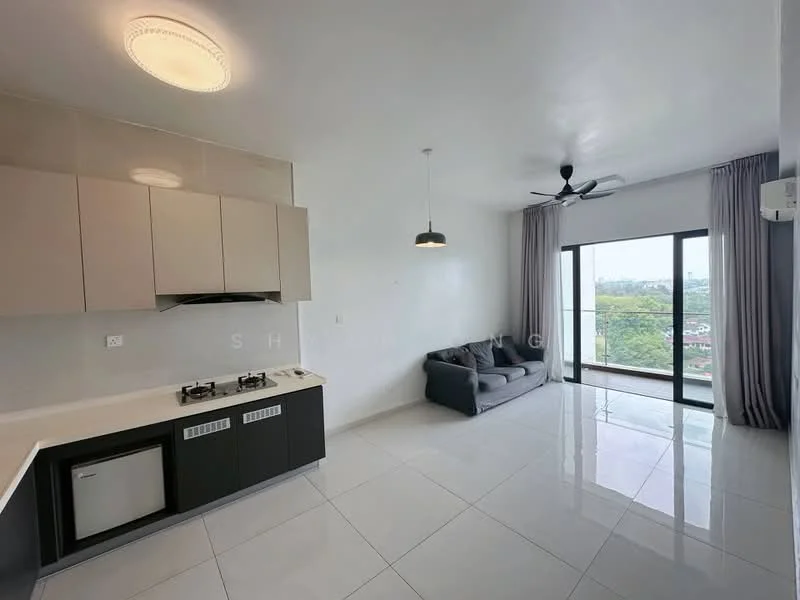 Living features: grey fabric sofa, coffee table, floor-to-ceiling windows, white walls, recessed downlights, 5-blade ceiling fan, sliding glass door, curtains, white tiled flooring, kitchenette with black cabinetry, stainless-steel gas hob, built-in oven, under-counter fridge; style: modern; view: city.