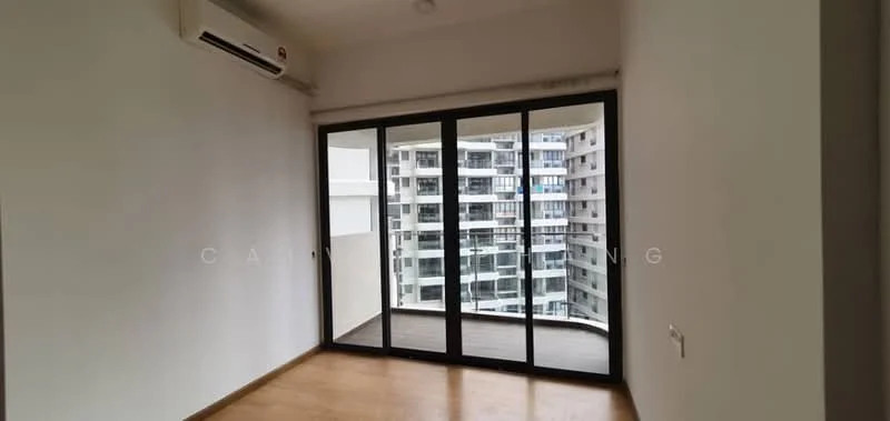 Room features: white painted walls, laminate flooring, floor-to-ceiling sliding glass doors, 1 wall-mounted split AC, balcony access, city view from balcony; style: modern; view: city.