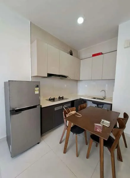 Kitchen features: grey and white cabinetry, stainless-steel fridge, built-in gas hob, single-bowl stainless-steel sink, chrome pull-down faucet, white countertop, tile backsplash, dining table with four wooden chairs, recessed ceiling lights, white walls, ceramic tile flooring; style: modern.