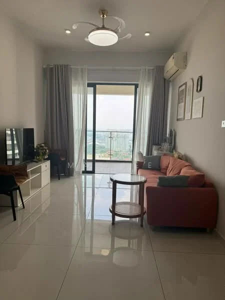 Living features: 3-seater fabric sofa in coral, coffee table, TV console, wall-mounted TV, floor-to-ceiling windows, sliding glass door, sheer curtains, recessed downlights, air conditioning unit, decorative wall art, ceramic tile flooring, neutral painted walls, area rug; style: modern; view: city.