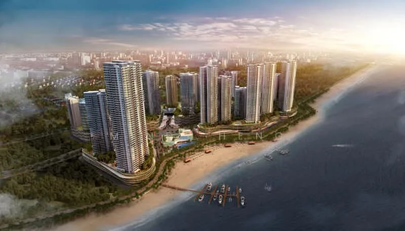 Exterior type: high-rise condominium; features: multiple high-rise buildings, beachfront location, landscaped gardens, swimming pool area, surrounding greenery, waterfront, boats in the water, urban skyline in background; style: modern.