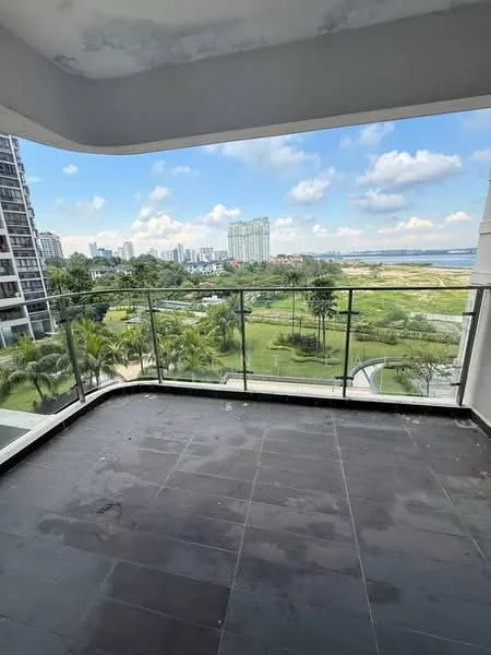 Balcony features: glass railing, black tile flooring, city skyline view, green landscape view, open space, covered ceiling; style: modern; view: city.