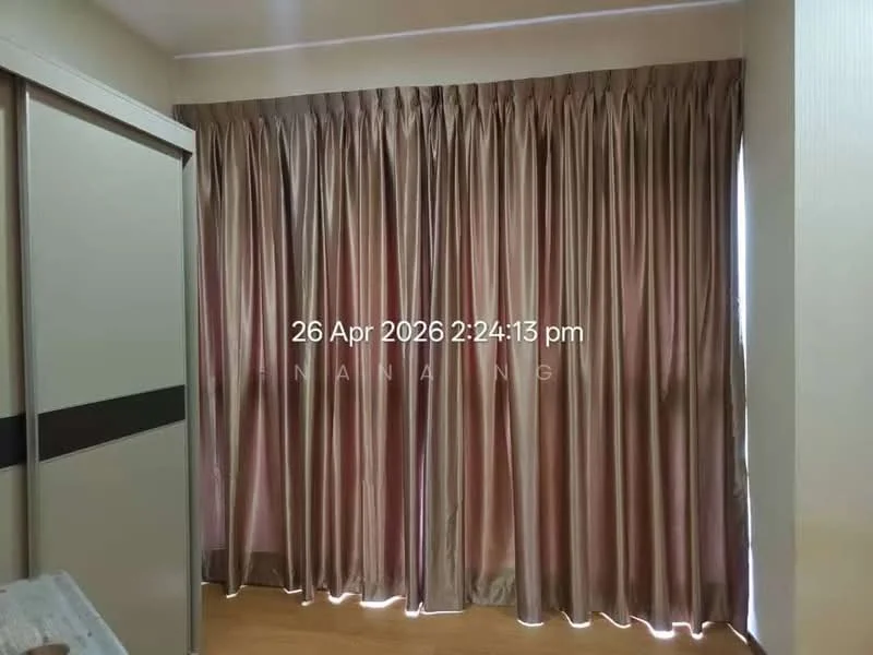 Room features: floor-to-ceiling curtains in beige, wooden flooring, light-colored walls, sliding wardrobe doors with a dark stripe.