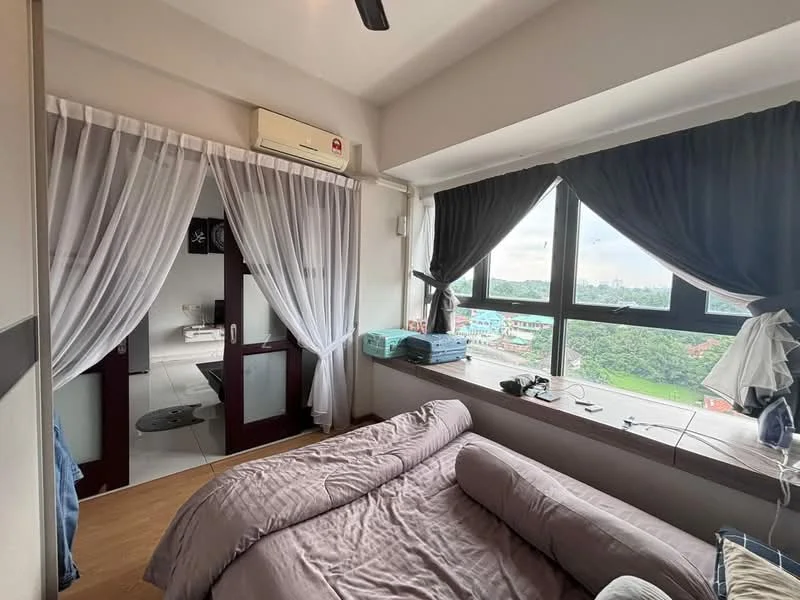 Bedroom features: queen-size bed with grey bedding, floor-to-ceiling windows, curtains in dark grey, light wood flooring, wall-mounted split AC, decorative sheer curtains, built-in wardrobe with sliding doors, view of greenery outside; style: modern; view: garden. Room features: open kitchen area visible, white cabinetry, kitchen appliances visible.