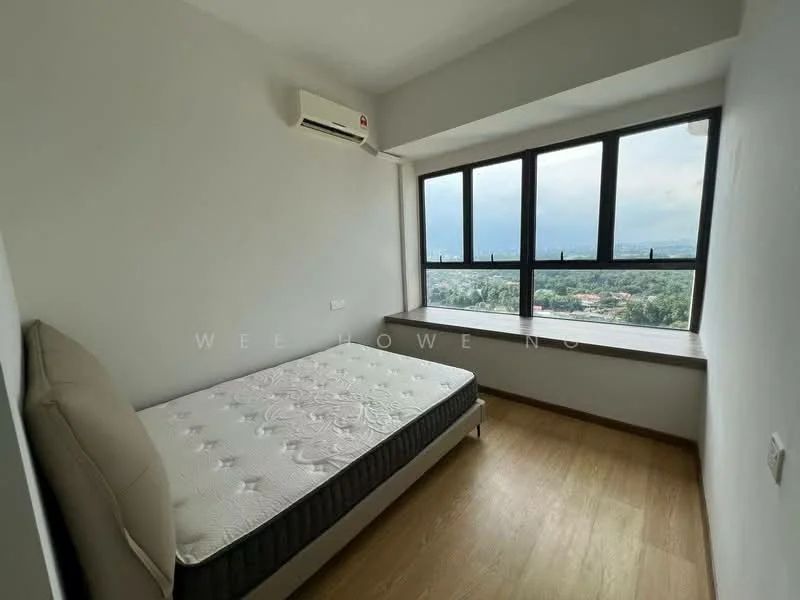 Bedroom features: single bed mattress, wooden flooring, white painted walls, floor-to-ceiling windows, window seat, wall-mounted split AC, natural light, city view; style: modern; view: city.