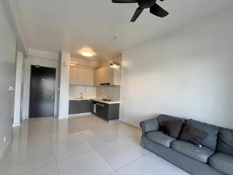 Living features: grey fabric sofa, 3-seater sofa, white painted walls, tile flooring, ceiling fan, recessed ceiling lights, open-plan layout, kitchen area visible, kitchen cabinetry in light color, kitchen countertop, kitchen sink, kitchen appliances visible; style: modern.
