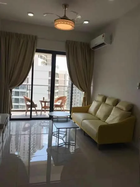 Living features: yellow leather sofa, glass coffee table, floor-to-ceiling windows, sliding glass door, sheer curtains, recessed LED downlights, ceiling light fixture, wall-mounted split AC, polished tile flooring, balcony view; style: modern; view: city.