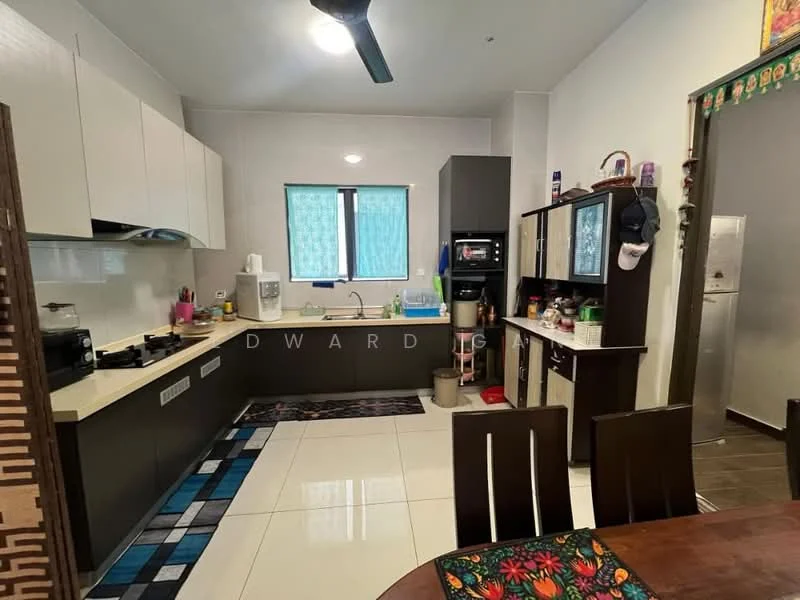 Kitchen features: white cabinetry, dark countertop, stainless-steel sink, chrome pull-down faucet, built-in oven, freestanding range oven, microwave, refrigerator, 5-blade ceiling fan, tile flooring, window with blue curtains, dining table with chairs, open shelving, decorative wall art; style: modern.