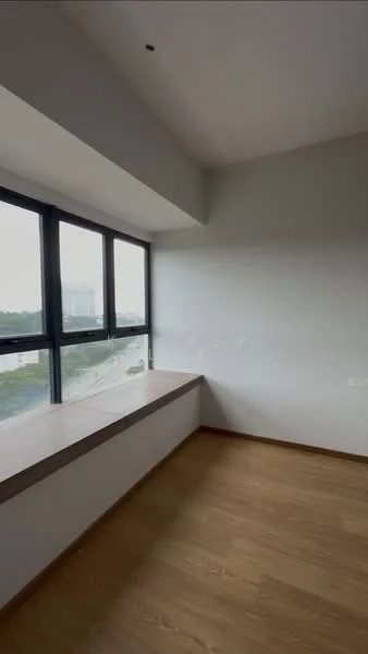 Room features: large floor-to-ceiling windows, wooden window ledge, light grey painted walls, laminate wood flooring, minimalist design, natural light, corner room, unobstructed view; style: modern; view: city.