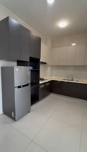 Kitchen features: grey cabinetry, white upper cabinets, marble countertop, single-bowl stainless-steel sink, chrome pull-down faucet, built-in stove, stainless-steel fridge, tile flooring, recessed downlights; style: modern.