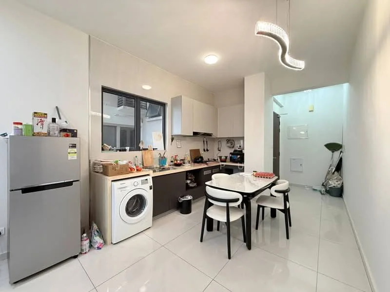 Kitchen features: white painted walls, glossy tile flooring, ceiling light fixture, stainless-steel fridge, front-load washing machine, dark wood cabinetry, white countertop, kitchen island with seating, dining table with four chairs, window with view to outside; style: modern.