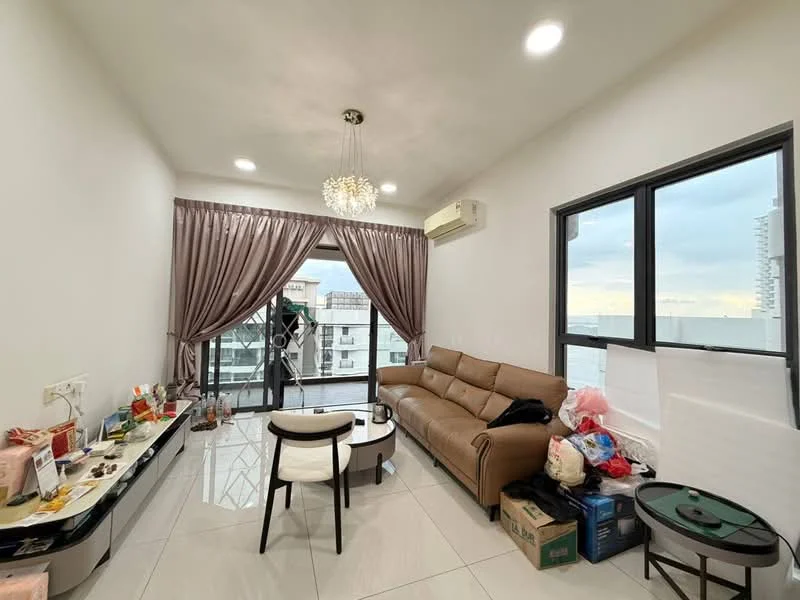 Living features: cream painted walls, white ceiling, recessed downlights, chandelier, floor-to-ceiling windows, sliding glass door, curtains, 3-seater brown leather sofa, coffee table, TV console, area rug, air conditioning unit, decorative items on shelves, boxes on the floor; style: modern; view: city.