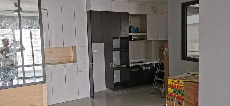 Kitchen features: white cabinetry with flat-panel design, black cabinetry with flat-panel design, countertop with light color, stainless-steel sink, single-bowl sink, chrome faucet, built-in cabinetry, open shelving, ceramic tile flooring, large window providing natural light, unfinished wall section, ladder in the room; style: modern; view: city.