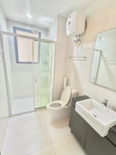 Bathroom features: white tiled walls, light grey floor tiles, walk-in shower with glass enclosure, rain shower head, handheld shower, single-sink vanity with black cabinet, white ceramic sink, chrome basin mixer, framed mirror, one-piece toilet, water heater, recessed downlights; style: modern.