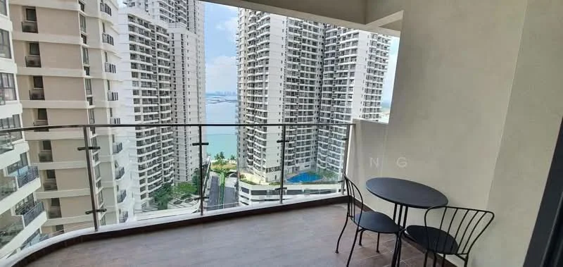 Balcony features: glass railing, wooden flooring, outdoor dining table for two, two black metal chairs, view of city skyline, view of swimming pool, view of sea; style: modern; view: sea.