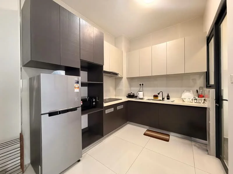 Kitchen features: grey and white cabinetry, stainless-steel fridge, built-in oven, ceramic cooktop, white countertop, single-bowl stainless-steel sink, chrome pull-down faucet, tile backsplash, recessed downlights, sliding window, white tiled flooring, kitchen mat; style: modern.