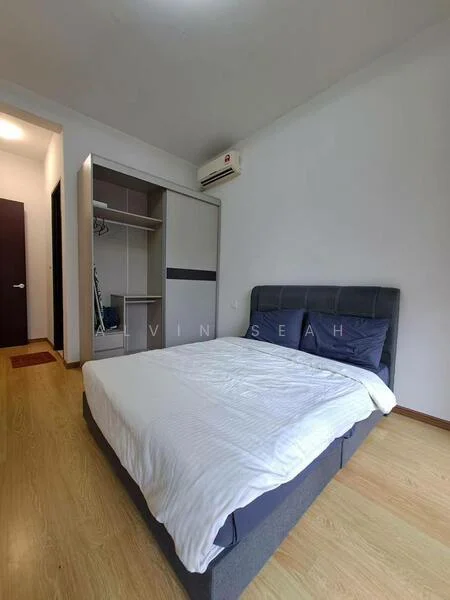 Bedroom features: queen-size bed with grey upholstered headboard, white bedding, wooden flooring, built-in wardrobe with sliding doors, air conditioning unit, wall-mounted light fixture, neutral painted walls, doorway leading to hallway; style: modern.