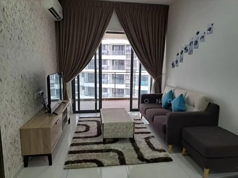 Living features: 3-seater fabric sofa in grey, 2-seater fabric sofa in beige, coffee table, TV console, wall-mounted TV, area rug with geometric pattern, floor-to-ceiling windows, sheer curtains, air conditioning unit, decorative wall with floral pattern, decorative photos on wall; style: modern; view: city.