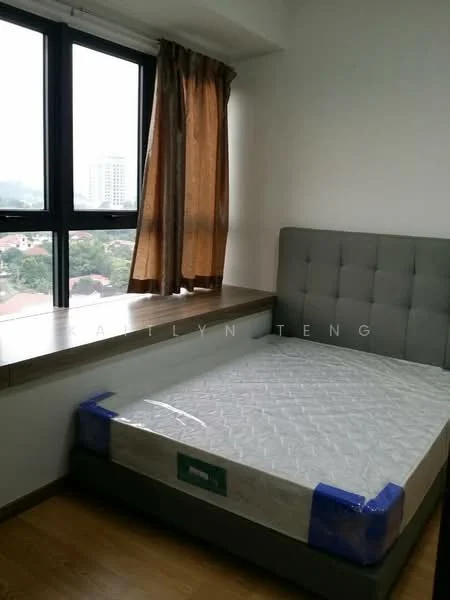 Bedroom features: queen-size bed, upholstered headboard, wooden flooring, large window with city view, brown curtains, built-in window seat, neutral wall color, mattress with protective cover; style: modern; view: city.