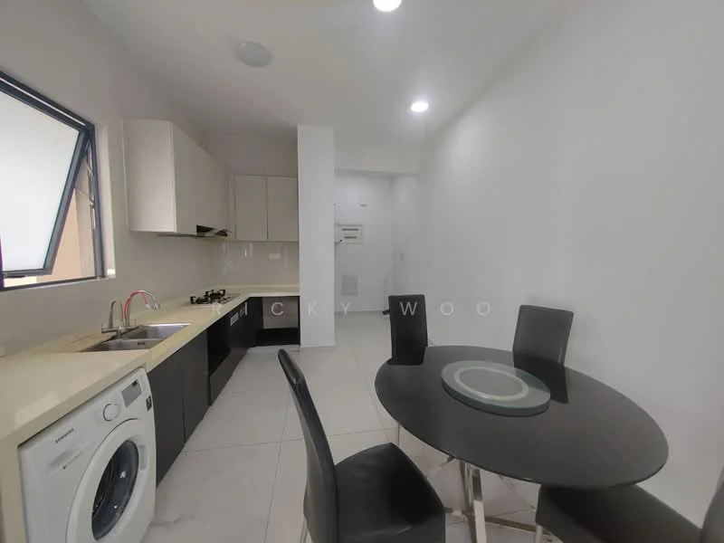 Kitchen features: single-bowl stainless-steel sink, chrome pull-down faucet, white laminate countertop, black cabinetry, built-in oven, freestanding washing machine, ceramic tile flooring, recessed downlights, floor-to-ceiling window, round dining table, four black dining chairs; style: modern.