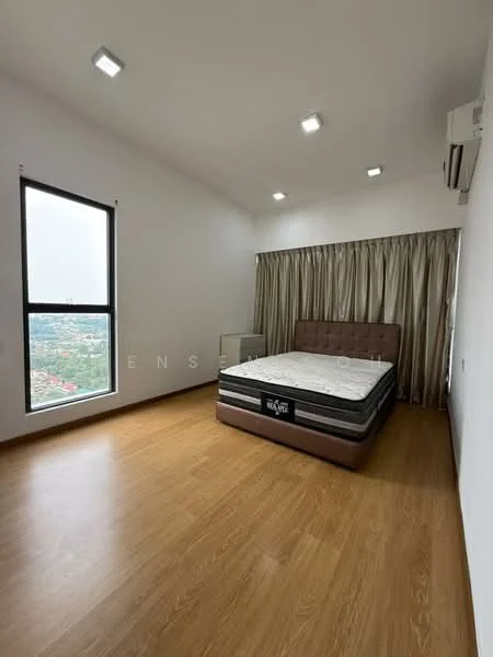 Bedroom features: king-size bed, upholstered headboard, wooden flooring, floor-to-ceiling window, curtains, recessed LED downlights, wall-mounted split AC, decorative wall, neutral painted walls; style: modern; view: city.