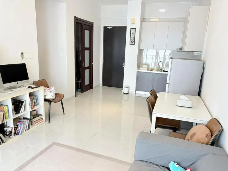 Living features: white painted walls, glossy tile flooring, sofa in grey, coffee table, dining table for 4, brown upholstered dining chairs, bookshelf with open shelving, floor-to-ceiling windows, refrigerator, kitchen cabinets in grey, countertop, wall-mounted TV, decorative items on shelves; style: modern. Room features: white painted walls, glossy tile flooring, door leading to hallway, door leading to kitchen area.