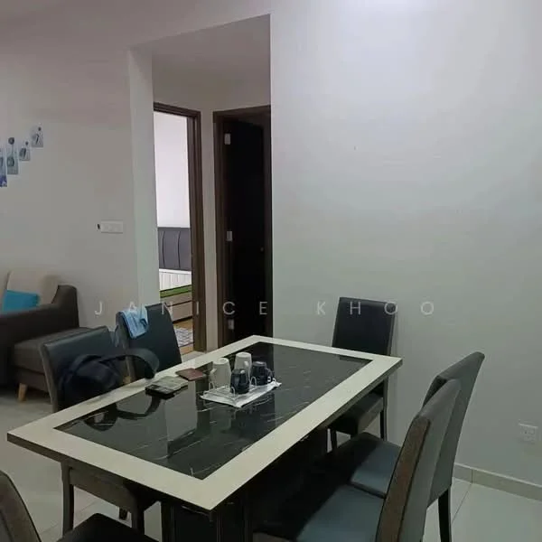 Dining features: black marble dining table, 6 upholstered dining chairs in grey, white painted walls, tile flooring, decorative wall art, doorway leading to another room, open layout to living area; style: modern.