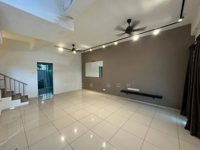 Living features: white painted walls, grey accent wall, polished ceramic tile flooring, 5-blade ceiling fan with light, recessed LED downlights, large mirror on wall, wall-mounted shelf, floor-to-ceiling windows, dark curtains; style: modern; view: garden.