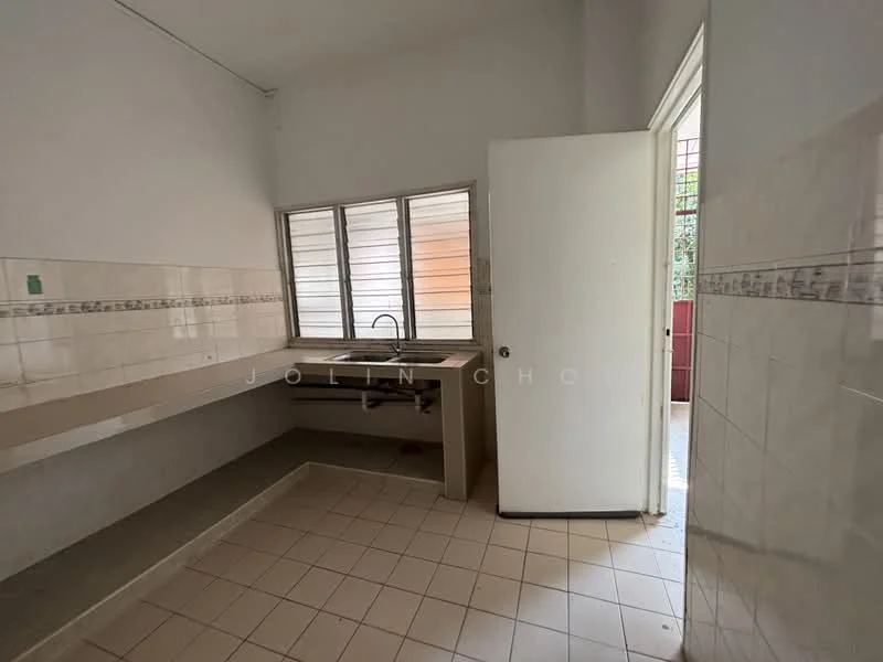 Kitchen features: single-bowl stainless-steel sink, chrome pull-down faucet, light-colored tiled backsplash, cream tiled walls, light beige countertop, built-in cabinetry, window with multiple panes, tile flooring.