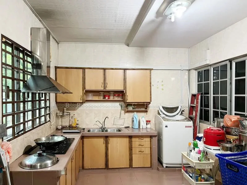 Kitchen features: wood cabinetry with brown finish, double-bowl stainless-steel sink, chrome pull-down faucet, granite countertop, 4-burner gas hob, stainless-steel range hood, built-in oven, white refrigerator, tile backsplash, ceramic tile flooring, wall-mounted shelves, window with metal grille, light fixture on ceiling; style: traditional.