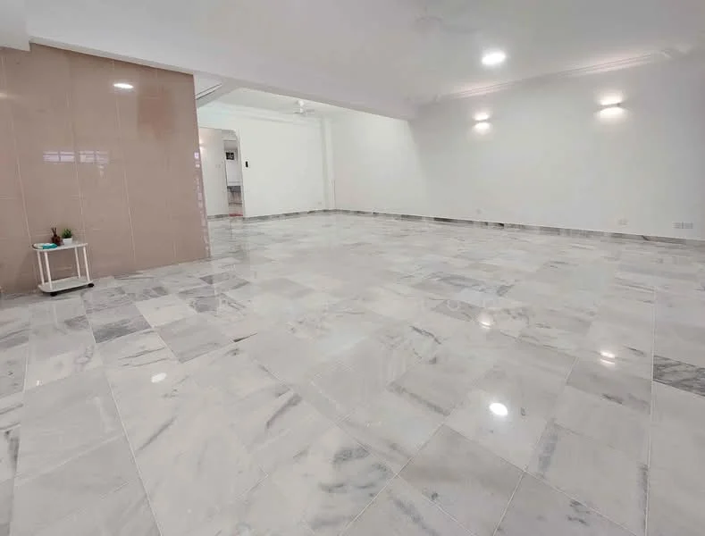 Room features: marble flooring, white painted walls, recessed downlights, ceiling fan, open layout, large windows, no visible furniture, neutral color scheme; style: modern.