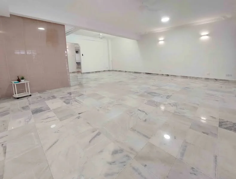 Room features: marble tile flooring, white painted walls, recessed downlights, ceiling fan, large open space, neutral color scheme, no visible furniture, smooth ceiling; style: modern.