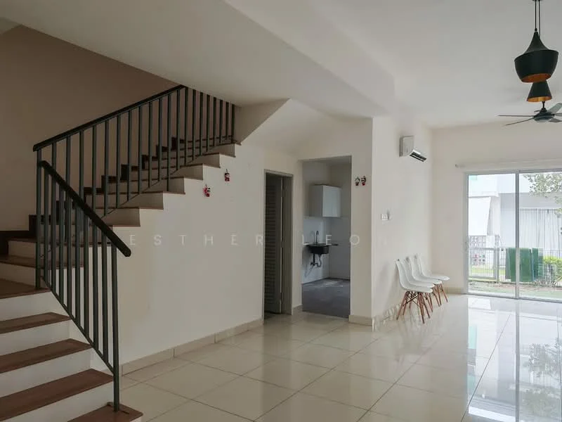 Living features: white painted walls, cream tiled flooring, 5-blade ceiling fan with light, recessed downlights, sliding glass door, floor-to-ceiling windows, staircase with wooden steps and metal railing, air conditioning unit, decorative wall lights, open layout; style: modern; view: garden.