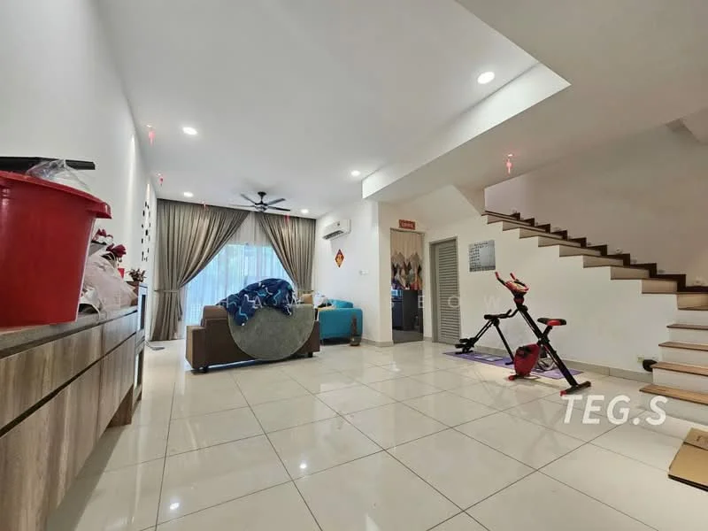 Living features: white painted walls, glossy ceramic tile flooring, 5-blade ceiling fan with light, sofa in blue fabric, coffee table, decorative wall art, curtains in beige, floor-to-ceiling windows, exercise bike, staircase with wooden steps, open layout, air conditioning unit; style: modern.