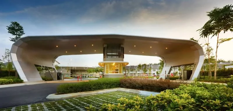 Exterior type: main entrance gate; features: modern architectural design, curved roof structure, glass facade, landscaped greenery, paved driveway, security guardhouse, intercom panel, perimeter fence, outdoor lighting, manicured lawn, tropical landscaping; style: modern.