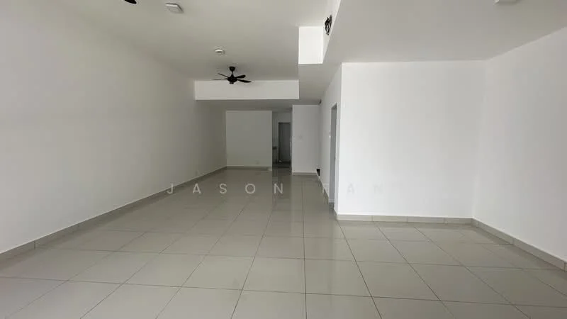 Room features: white painted walls, tile flooring, ceiling fan, recessed lighting, open layout, large windows, neutral color scheme, no visible furniture; style: modern.