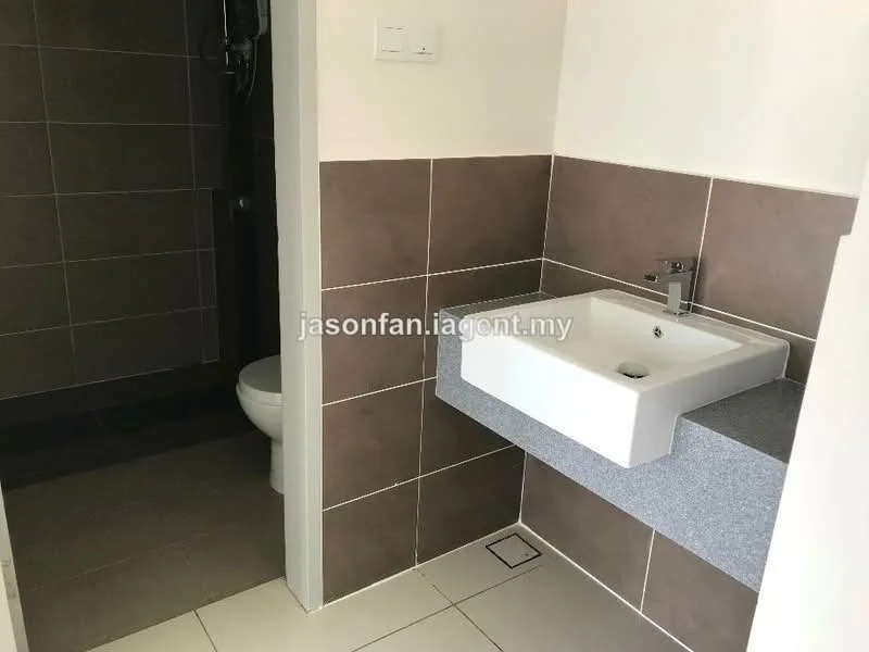 Bathroom features: white wall-mounted sink, grey stone countertop, chrome faucet, brown tiled walls, grey tiled flooring, toilet, shower area with glass partition; style: modern.