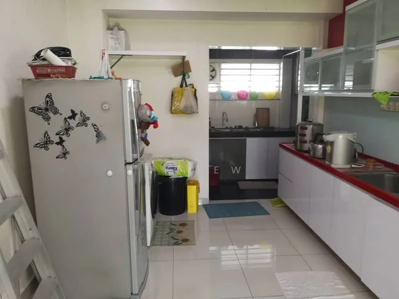 Kitchen features: stainless-steel fridge with butterfly decals, white cabinetry with glass-front upper cabinets, black countertop, single-bowl stainless-steel sink, chrome pull-down faucet, built-in oven, freestanding kettle, toaster, ceramic tile flooring, wall-mounted shelves, window with sheer curtains, colorful balloons as decor, plastic storage bins, cleaning supplies in black bin; style: modern.