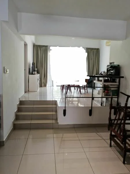 Living features: white painted walls, glossy ceramic tile flooring, large windows with sheer curtains, recessed downlights, dining table with chairs, coffee machine, sideboard, open layout, staircase leading to upper level, decorative wall, seating area with chairs; style: modern.
