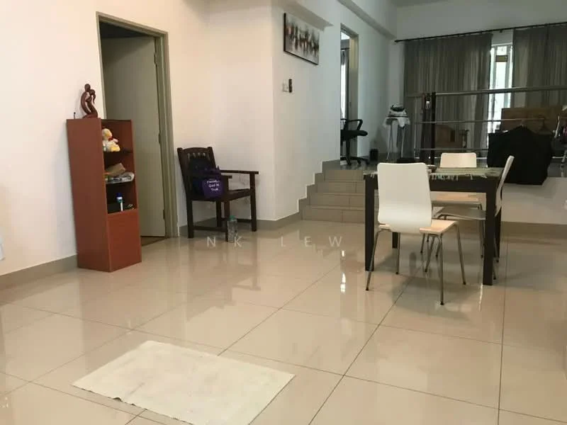 Living features: cream painted walls, glossy tile flooring, recessed downlights, large windows with sheer curtains, dining table with four white chairs, wooden side table, decorative wall art, staircase leading to upper level, open layout, seating area with armchair, visible electrical outlets; style: modern.