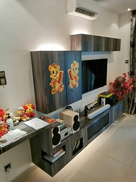 Living features: wall-mounted TV, floating media console with storage, decorative wall art, wall-mounted air conditioning unit, ceramic tile flooring, decorative plants, speakers, decorative figurines, table with magazines, curtains, ambient lighting; style: modern.